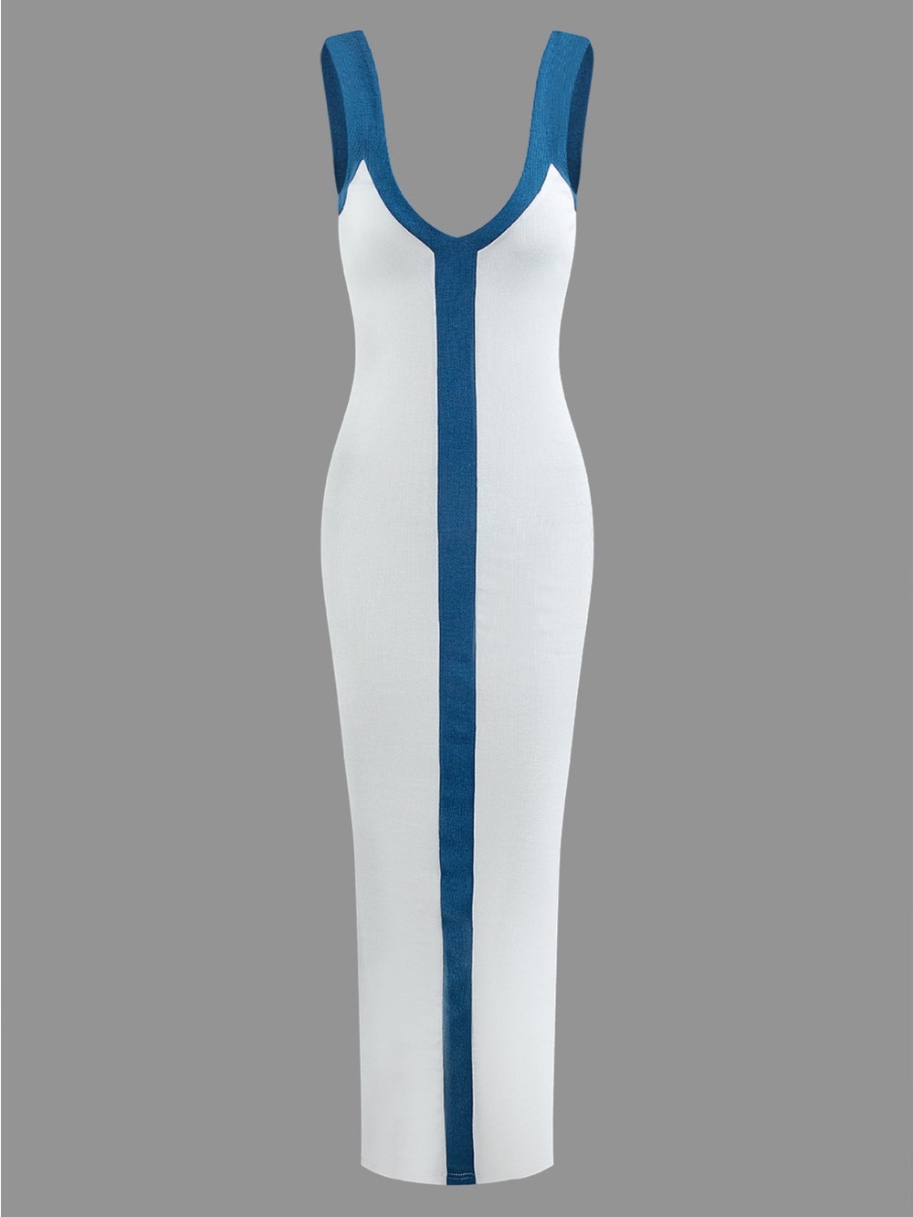 White and Blue Maxi Dress with Center Stripe